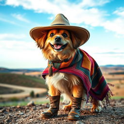 A playful dog dressed in traditional gaucho clothing, with a wide-brimmed hat, a colorful poncho, and leather boots