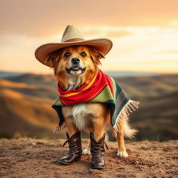 A playful dog dressed in traditional gaucho clothing, with a wide-brimmed hat, a colorful poncho, and leather boots