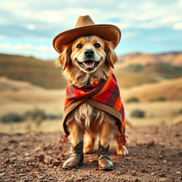 A playful dog dressed in traditional gaucho clothing, with a wide-brimmed hat, a colorful poncho, and leather boots