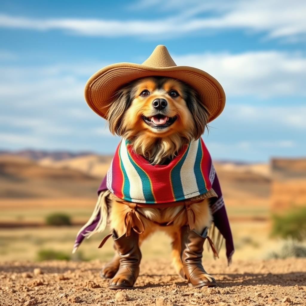 A playful dog dressed in traditional gaucho clothing, with a wide-brimmed hat, a colorful poncho, and leather boots