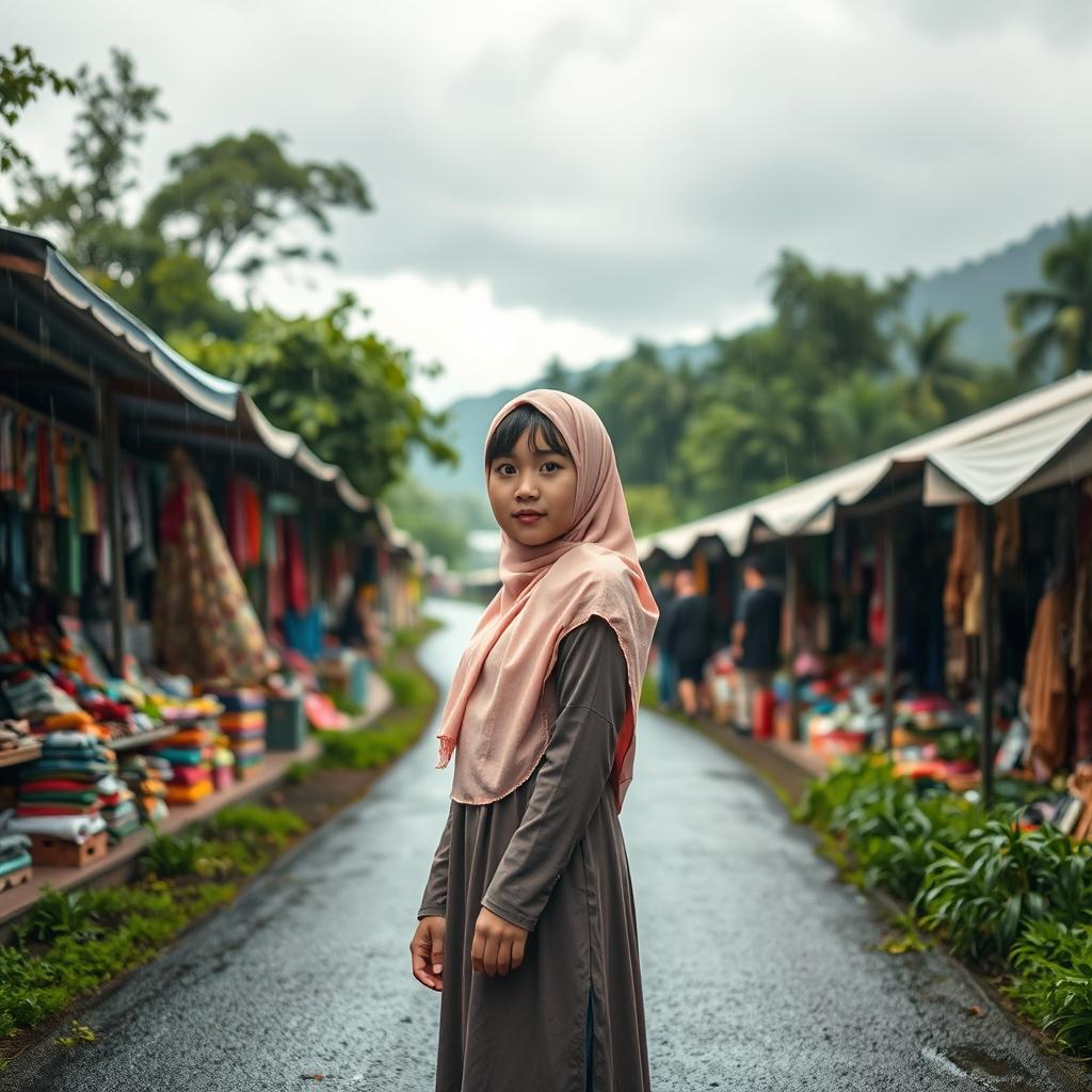 A beautiful scene set in nature under a cloudy and rainy sky, featuring a winding road that runs through a lively bazaar bustling with activity