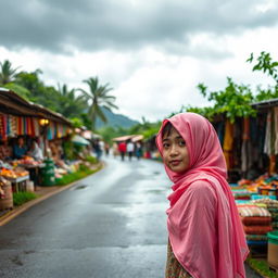 A beautiful scene set in nature under a cloudy and rainy sky, featuring a winding road that runs through a lively bazaar bustling with activity