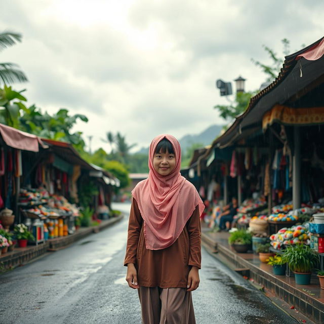 A beautiful scene set in nature under a cloudy and rainy sky, featuring a winding road that runs through a lively bazaar bustling with activity