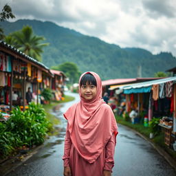 A beautiful scene set in nature under a cloudy and rainy sky, featuring a winding road that runs through a lively bazaar bustling with activity