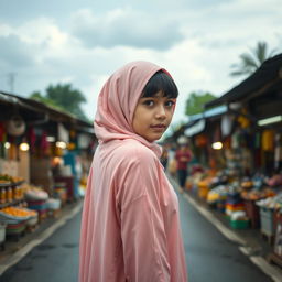 A pretty girl with bangs hairstyle wearing a pink hijab stands in the middle of a bustling bazaar, which stretches along a road
