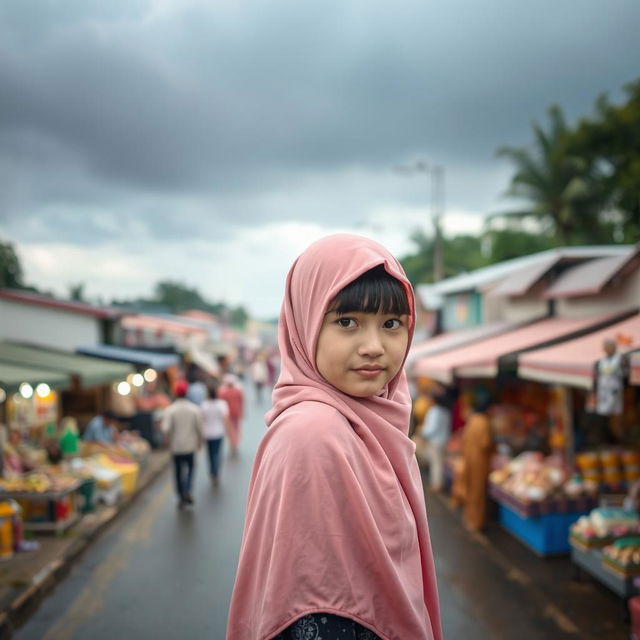 A pretty girl with bangs hairstyle wearing a pink hijab stands in the middle of a bustling bazaar, which stretches along a road