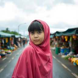 A pretty girl with bangs hairstyle wearing a pink hijab stands in the middle of a bustling bazaar, which stretches along a road