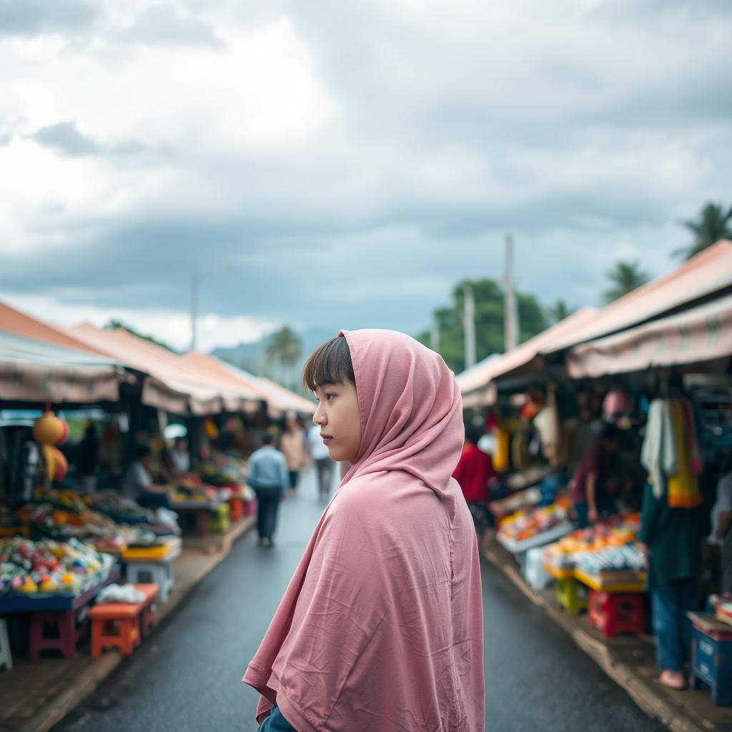 A pretty girl with bangs hairstyle wearing a pink hijab stands in the middle of a bustling bazaar, which stretches along a road