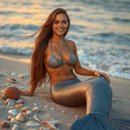 A stunning image of an 18-year-old woman in a bikini top, with a mesmerizing mermaid tail made of shimmering grey scales, lounging on a sandy beach