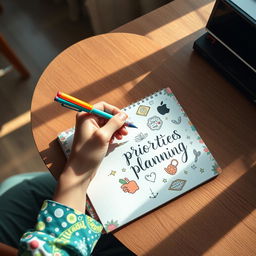 A vibrant image of a person sitting at a wooden desk, writing a to-do list in a colorful, patterned notebook