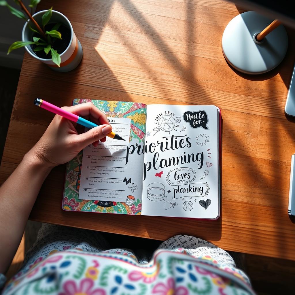 A vibrant image of a person sitting at a wooden desk, writing a to-do list in a colorful, patterned notebook