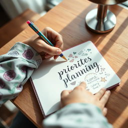 A vibrant image of a person sitting at a wooden desk, writing a to-do list in a colorful, patterned notebook