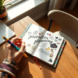 A vibrant image of a person sitting at a wooden desk, writing a to-do list in a colorful, patterned notebook