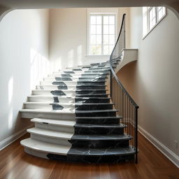 An elegant apartment staircase showcasing a stunning design with white and black stone steps