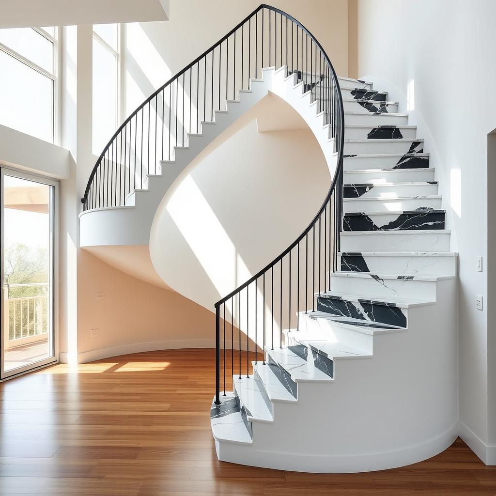 An elegant apartment staircase showcasing a stunning design with white and black stone steps
