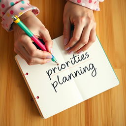 An overhead view of a vibrant, colorful notebook where a person is writing a to-do list