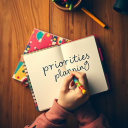 An overhead view of a vibrant, colorful notebook where a person is writing a to-do list