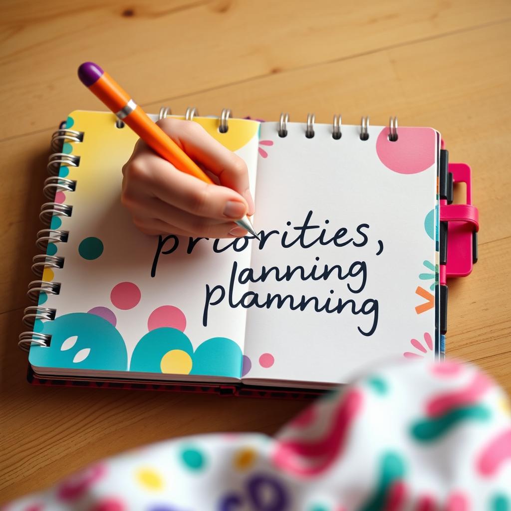 An overhead view of a vibrant, colorful notebook where a person is writing a to-do list