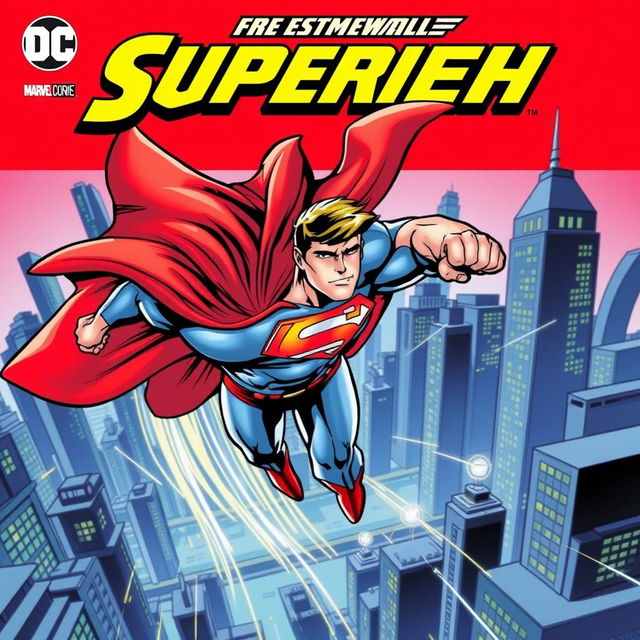 A dynamic comic book cover featuring a powerful superhero in action, soaring through the sky with a dramatic city skyline in the background