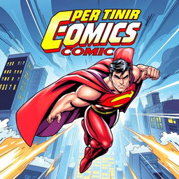 A dynamic comic book cover featuring a powerful superhero in action, soaring through the sky with a dramatic city skyline in the background