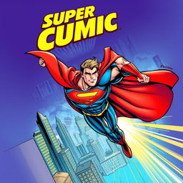 A dynamic comic book cover featuring a powerful superhero in action, soaring through the sky with a dramatic city skyline in the background