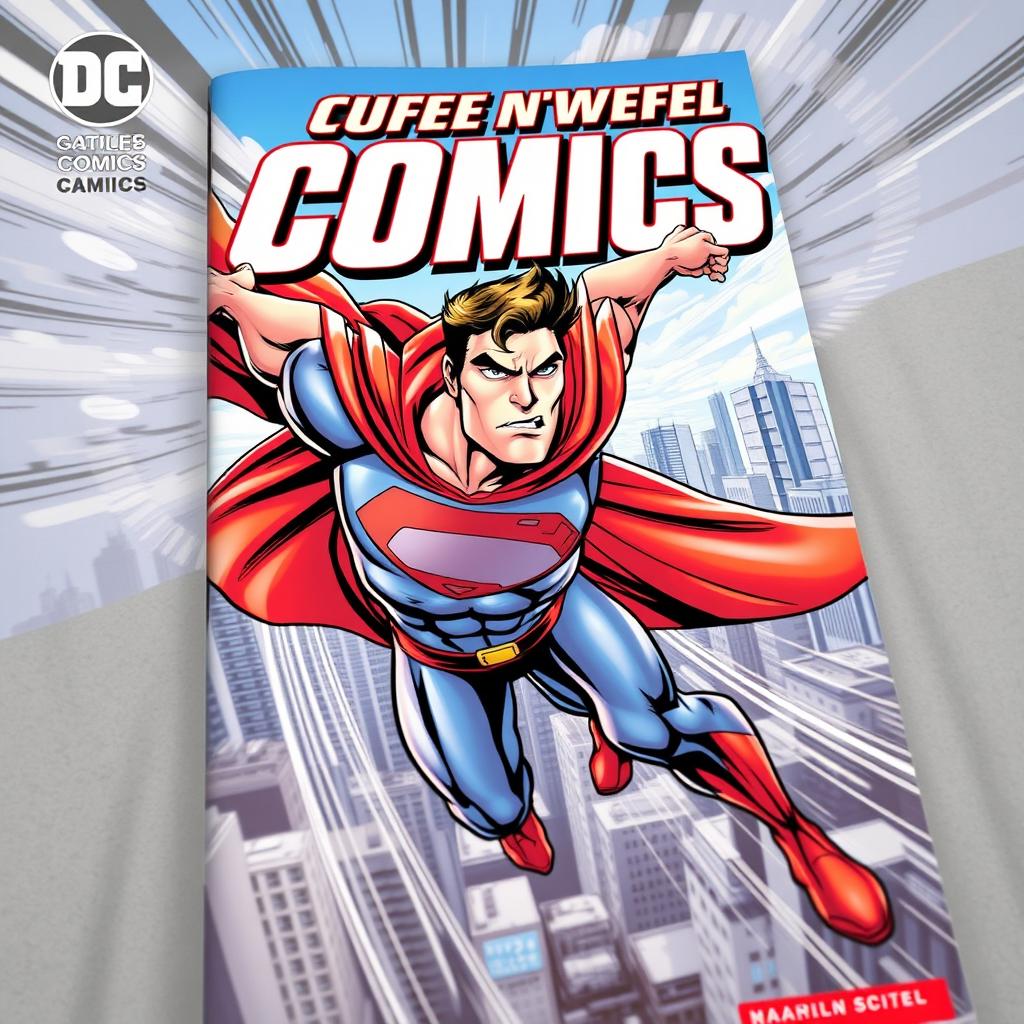 A dynamic comic book cover featuring a powerful superhero in action, soaring through the sky with a dramatic city skyline in the background