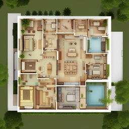 A 50'x65' house floor plan with 3 bedrooms, a living room, a drawing room, a kitchen with adjacent storage, a bathroom featuring a swimming pool, an indoor garden and courtyard, a servant's quarters, a mandir, and a two-car parking area.