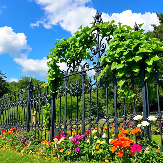 A beautiful garden scene featuring a fence that is made of intricate ironwork