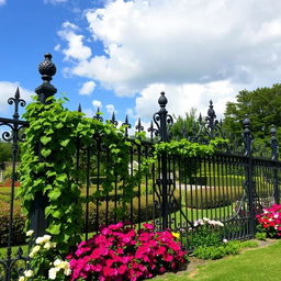 A beautiful garden scene featuring a fence that is made of intricate ironwork