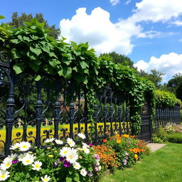 A beautiful garden scene featuring a fence that is made of intricate ironwork