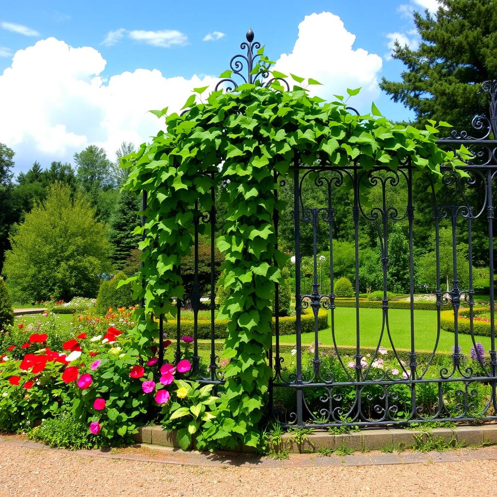 A beautiful garden scene featuring a fence that is made of intricate ironwork