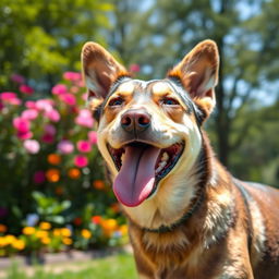 A happy dog smiling with a joyful expression, its tongue hanging out, fur shining under the sunlight