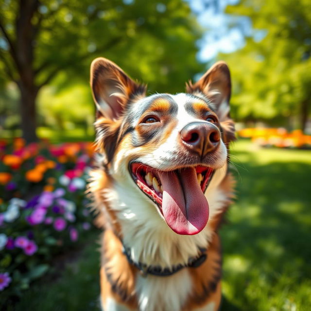 A happy dog smiling with a joyful expression, its tongue hanging out, fur shining under the sunlight