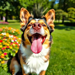 A happy dog smiling with a joyful expression, its tongue hanging out, fur shining under the sunlight