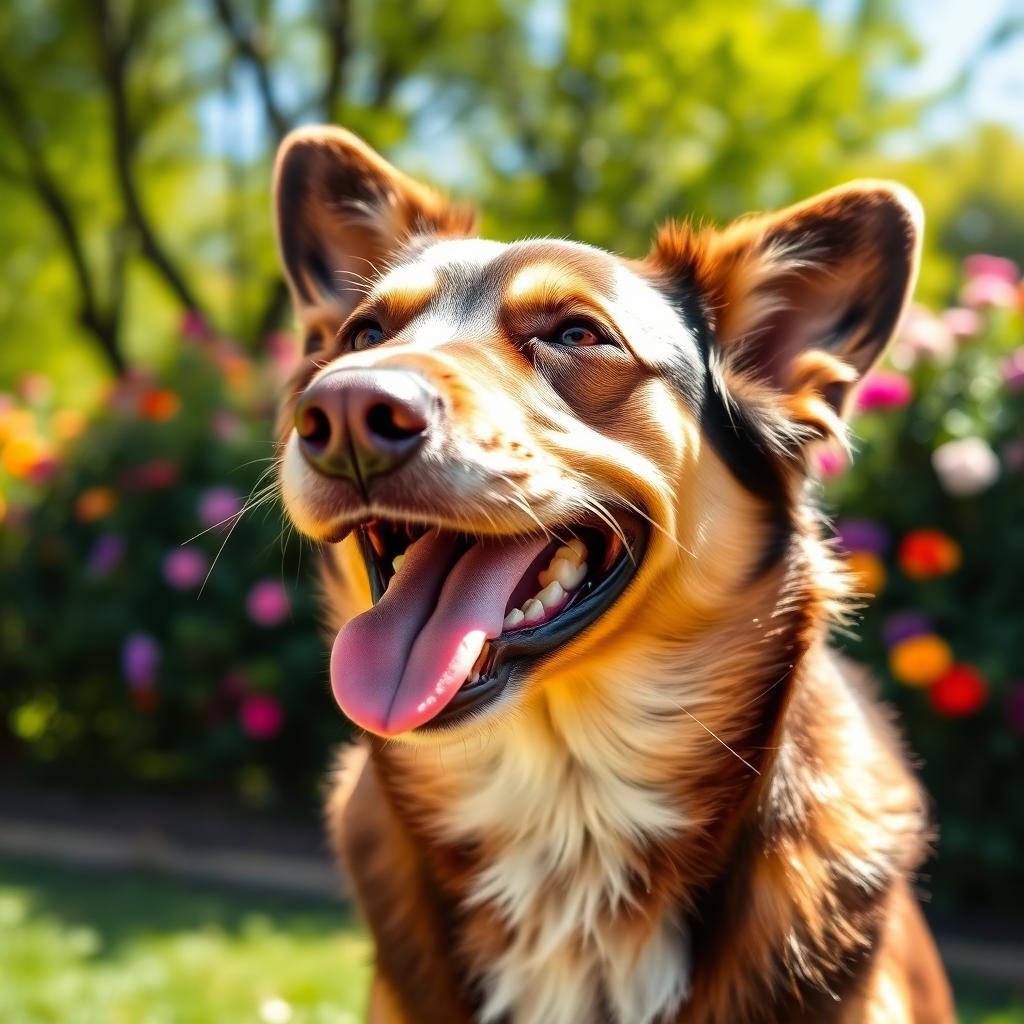 A happy dog smiling with a joyful expression, its tongue hanging out, fur shining under the sunlight