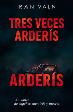 A captivating book cover for a thriller titled 'TRES VECES ARDERÁS', featuring a dramatic and mysterious design
