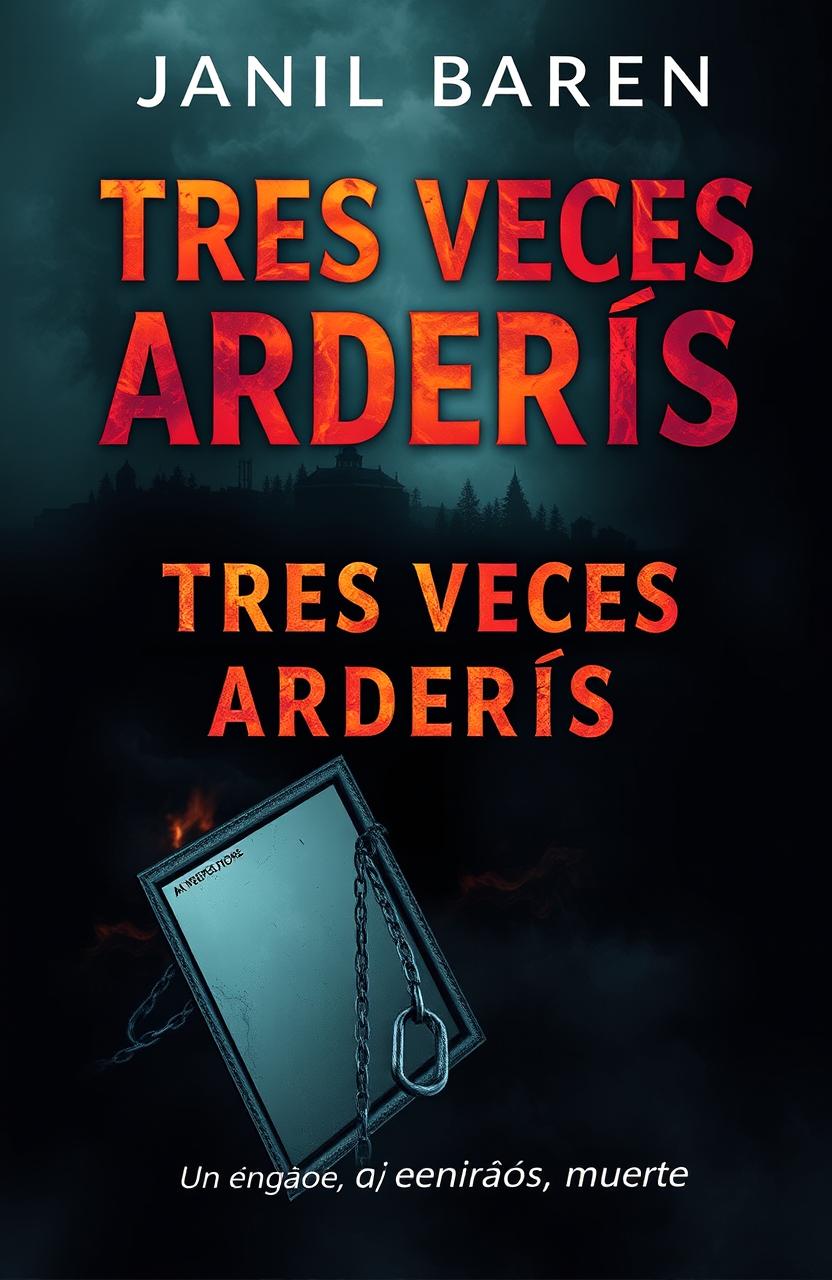 A captivating book cover for a thriller titled 'TRES VECES ARDERÁS', featuring a dramatic and mysterious design