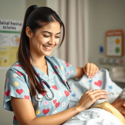A beautiful female nurse, lovingly caring for a patient, displaying compassion and professionalism