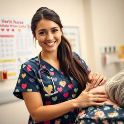 A beautiful female nurse, lovingly caring for a patient, displaying compassion and professionalism