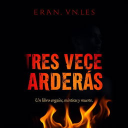 An intriguing book cover for a thriller titled 'TRES VECES ARDERÁS', capturing the essence of deception, betrayal, and death