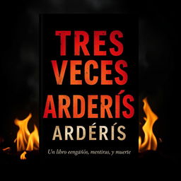 An intriguing book cover for a thriller titled 'TRES VECES ARDERÁS', capturing the essence of deception, betrayal, and death