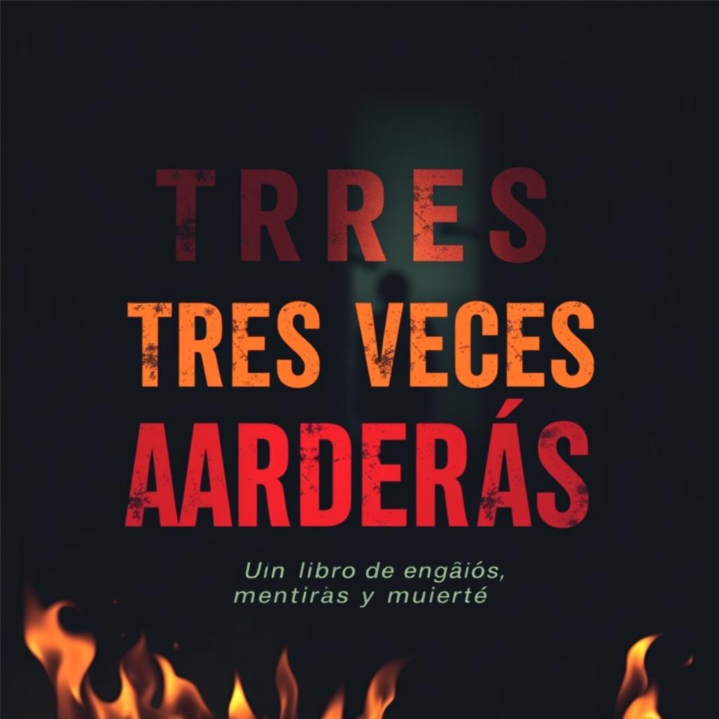 An intriguing book cover for a thriller titled 'TRES VECES ARDERÁS', capturing the essence of deception, betrayal, and death