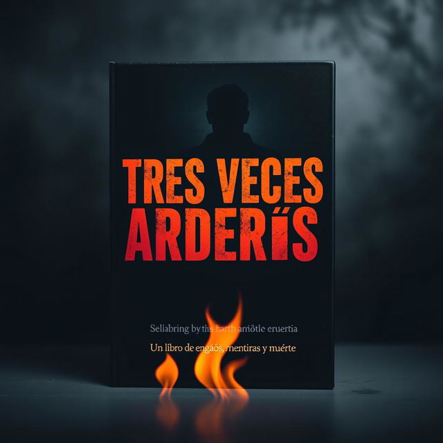 An intriguing book cover for a thriller titled 'TRES VECES ARDERÁS', capturing the essence of deception, betrayal, and death