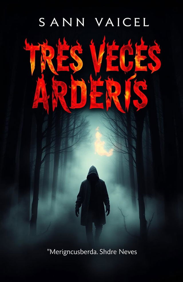 A chilling book cover for a suspense novel titled 'TRES VECES ARDERÁS'