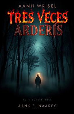 A chilling book cover for a suspense novel titled 'TRES VECES ARDERÁS'