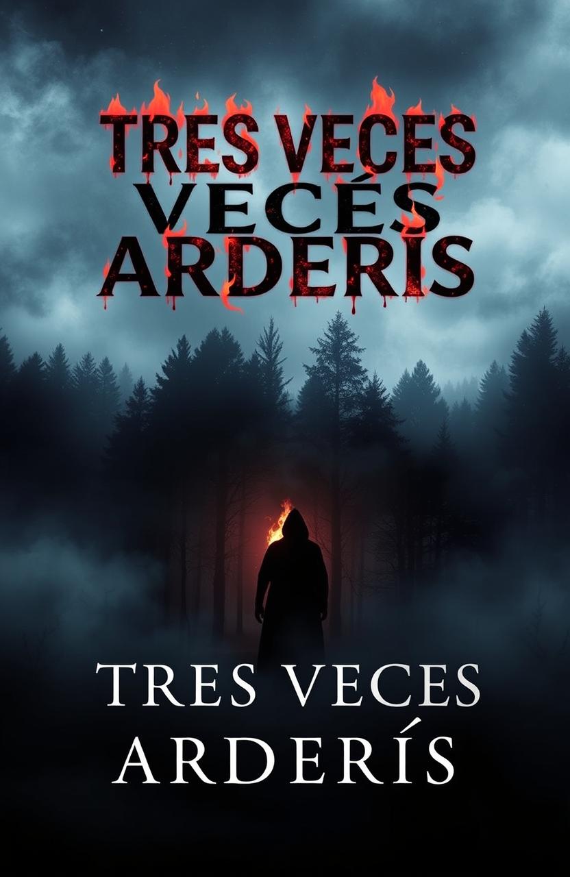 A chilling book cover for a suspense novel titled 'TRES VECES ARDERÁS'