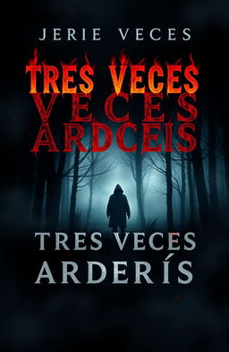 A chilling book cover for a suspense novel titled 'TRES VECES ARDERÁS'