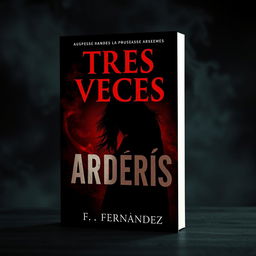A captivating book cover for a suspense novel titled 'TRES VECES ARDERÁS' featuring an ominous silhouette of a woman against a dark, atmospheric background