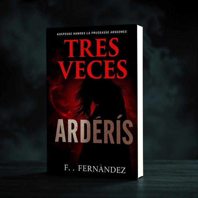 A captivating book cover for a suspense novel titled 'TRES VECES ARDERÁS' featuring an ominous silhouette of a woman against a dark, atmospheric background