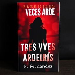 A captivating book cover for a suspense novel titled 'TRES VECES ARDERÁS' featuring an ominous silhouette of a woman against a dark, atmospheric background